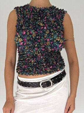 90s Y2K vintage floral print cropped sleeveless popcorn tank top bubble crop top